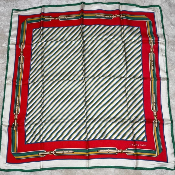 Celine Paris 100% Silk Red & Green Stripe Buckle Print Square Scarf - Picture 1 of 8
